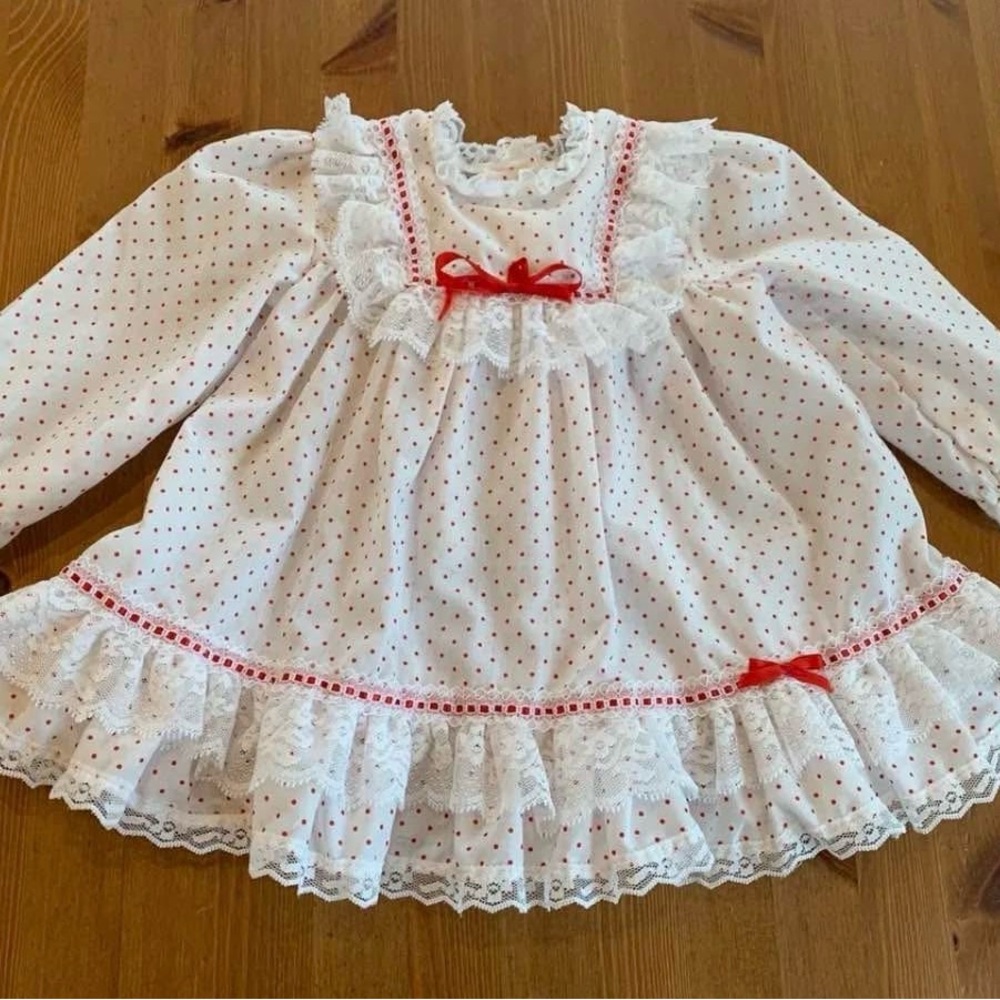 Vintage Charming White and Red Kids Blouse with Lace Trim made in the USA